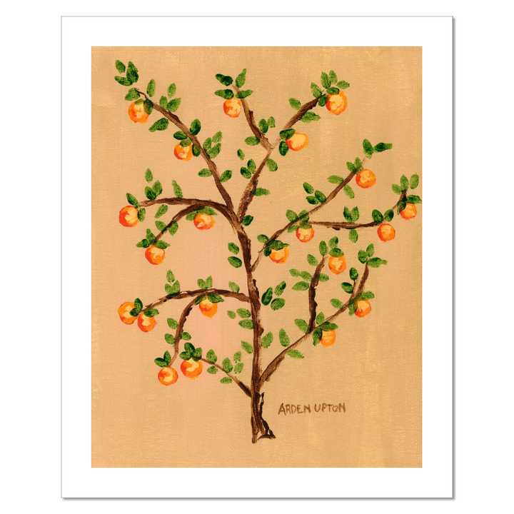 A ready to hang giclee print of an original painting of an orange tree with green leaves and orange fruits on a beige  and gold background from Arden Upton's Orangerie Collection. Great for kitchens and home decor