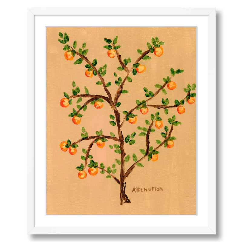 A ready to hang giclee print of an original painting of an orange tree with green leaves and orange fruits on a beige  and gold background from Arden Upton's Orangerie Collection. Great for kitchens and home decor