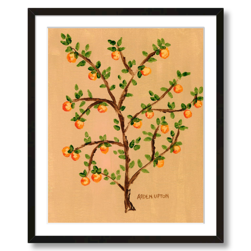A ready to hang giclee print of an original painting of an orange tree with green leaves and orange fruits on a beige  and gold background from Arden Upton's Orangerie Collection. Great for kitchens and home decor