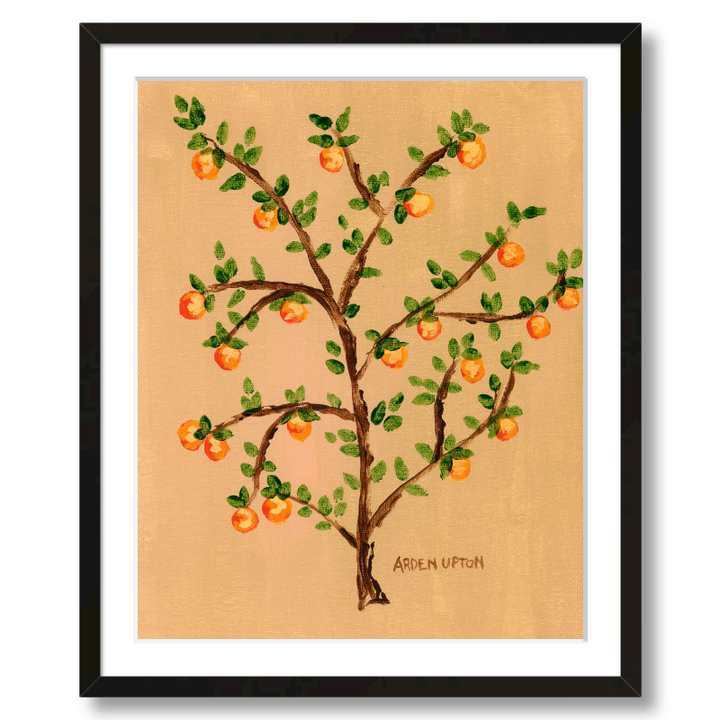 A ready to hang giclee print of an original painting of an orange tree with green leaves and orange fruits on a beige  and gold background from Arden Upton's Orangerie Collection. Great for kitchens and home decor