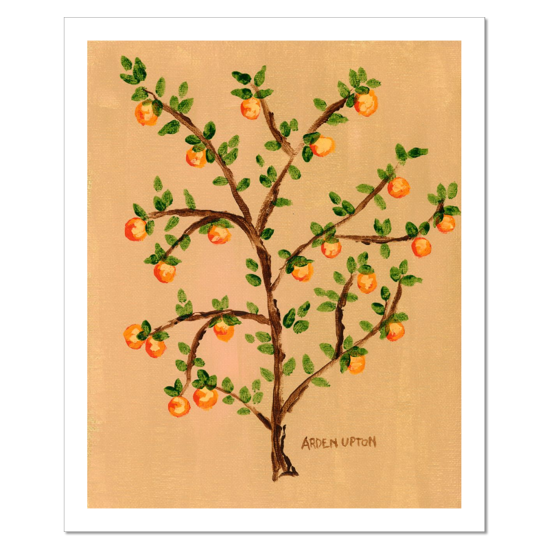 A ready to hang giclee print of an original painting of an orange tree with green leaves and orange fruits on a beige  and gold background from Arden Upton's Orangerie Collection. Great for kitchens and home decor