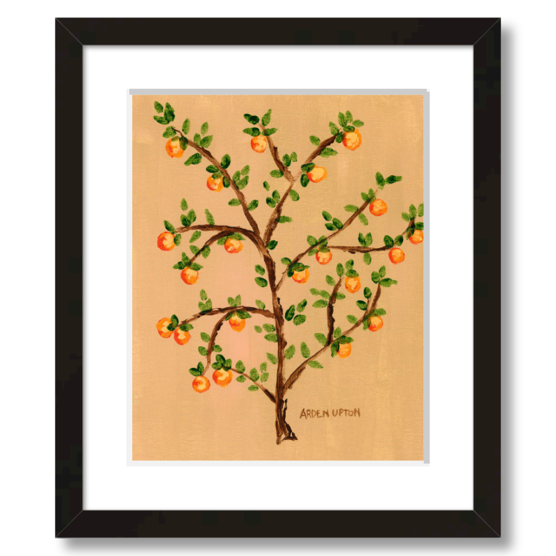 A ready to hang giclee print of an original painting of an orange tree with green leaves and orange fruits on a beige  and gold background from Arden Upton's Orangerie Collection. Great for kitchens and home decor