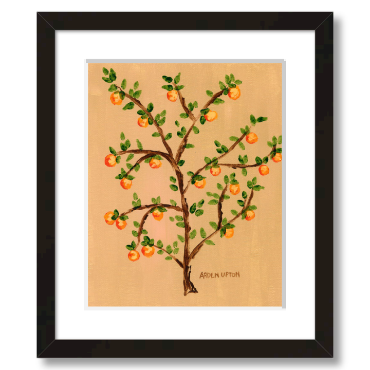 A ready to hang giclee print of an original painting of an orange tree with green leaves and orange fruits on a beige  and gold background from Arden Upton's Orangerie Collection. Great for kitchens and home decor