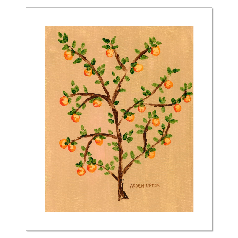 A ready to hang giclee print of an original painting of an orange tree with green leaves and orange fruits on a beige  and gold background from Arden Upton's Orangerie Collection. Great for kitchens and home decor