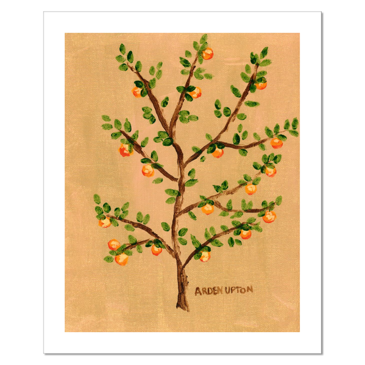A framed giclee art print of an orange tree with green leaves and orange fruits on a beige and golden background. A vibrant painting by Arden Upton from her Orangerie Collection, ideal for gifting or brightening up any space.