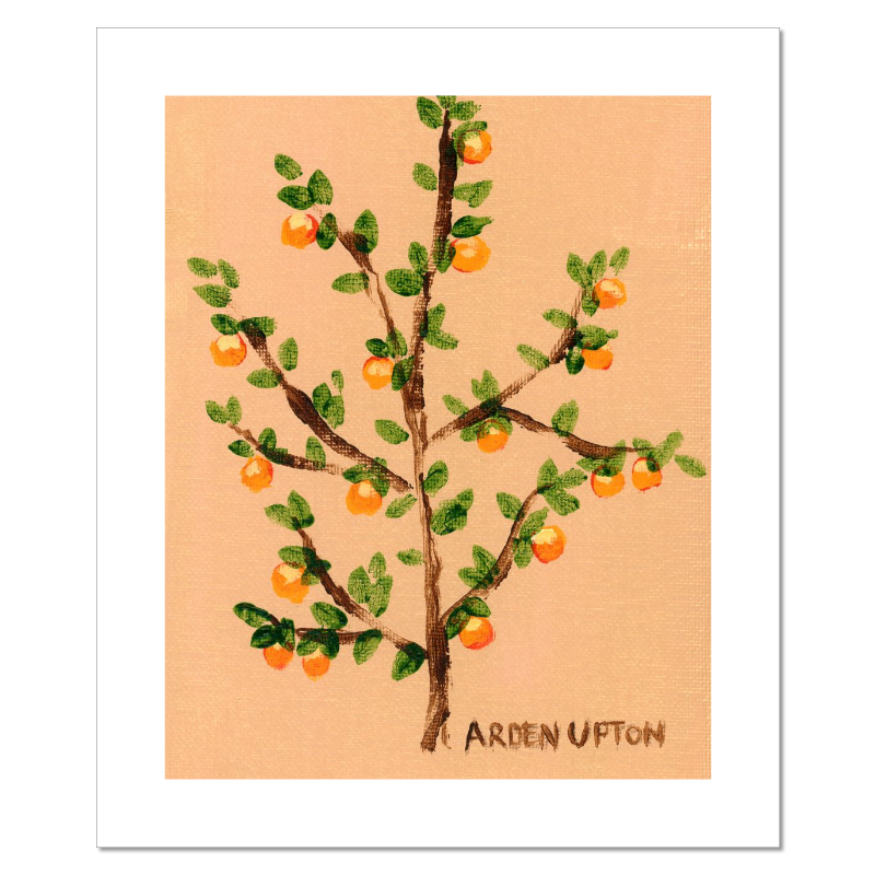 A ready to hang giclee print of an original painting of an orange tree with green leaves and orange fruits on a beige  and gold background from Arden Upton's Orangerie Collection. Great for kitchens and home decor