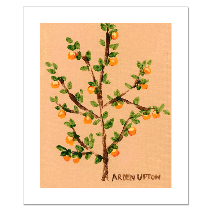A ready to hang giclee print of an original painting of an orange tree with green leaves and orange fruits on a beige  and gold background from Arden Upton's Orangerie Collection. Great for kitchens and home decor