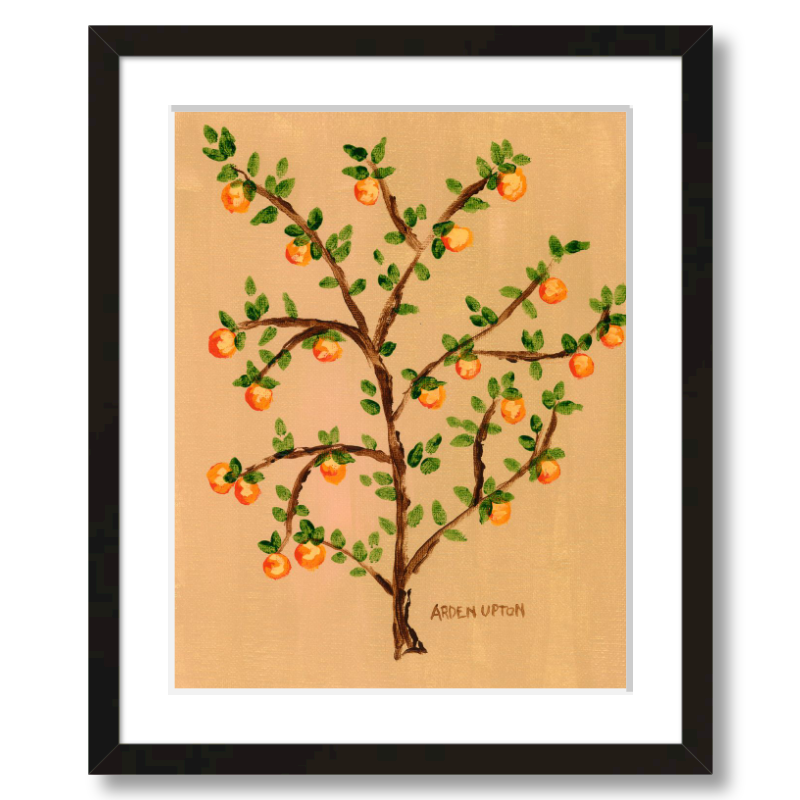 A ready to hang giclee print of an original painting of an orange tree with green leaves and orange fruits on a beige  and gold background from Arden Upton's Orangerie Collection.