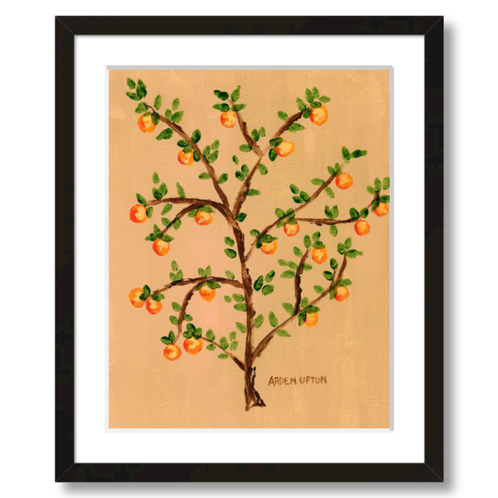 A ready to hang giclee print of an original painting of an orange tree with green leaves and orange fruits on a beige  and gold background from Arden Upton's Orangerie Collection.