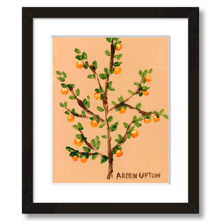 A ready to hang giclee print of an original painting of an orange tree with green leaves and orange fruits on a beige  and gold background from Arden Upton's Orangerie Collection. Great for kitchens and home decor