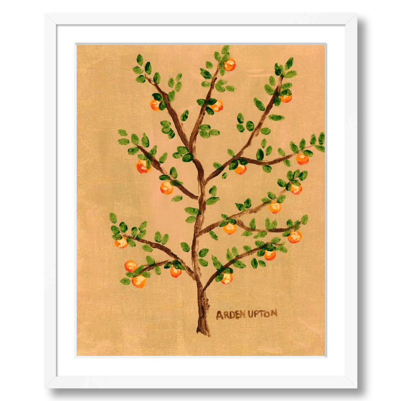 A framed artwork of an orange tree with green leaves and orange fruits on a beige background, signed by Arden Ward Upton.