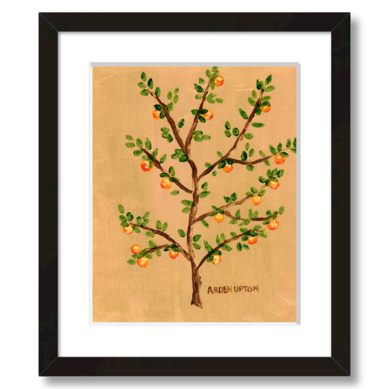 A framed giclee art print of an orange tree with green leaves and orange fruits on a beige and golden background. A vibrant painting by Arden Upton from her Orangerie Collection, ideal for gifting or brightening up any space.