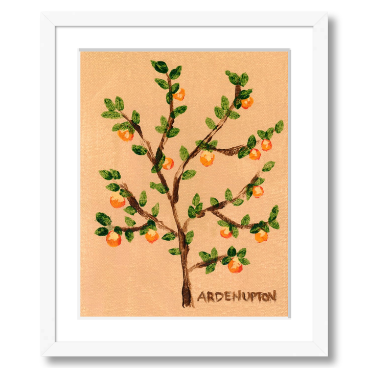 A ready to hang giclee print of an original painting of an orange tree with green leaves and orange fruits on a beige  and gold background from Arden Upton's Orangerie Collection. Great for kitchens and home decor