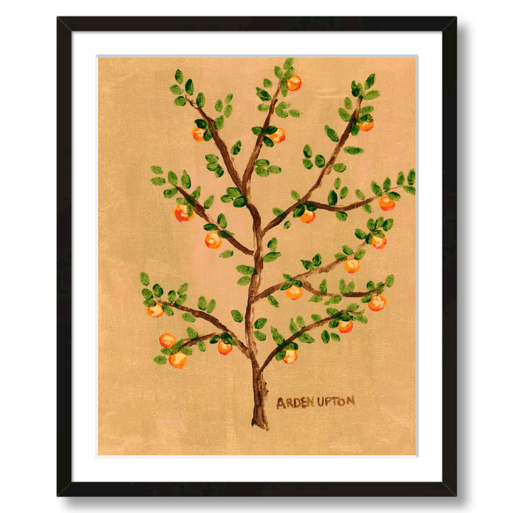 A framed artwork of an orange tree with green leaves and orange fruits on a beige background, signed by Arden Ward Upton.