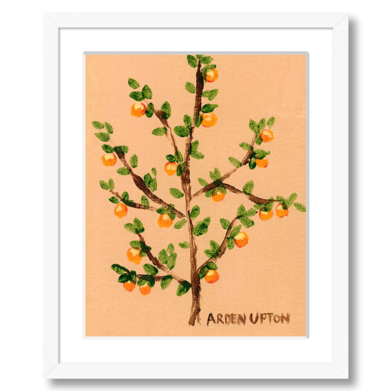 A ready to hang giclee print of an original painting of an orange tree with green leaves and orange fruits on a beige  and gold background from Arden Upton's Orangerie Collection. Great for kitchens and home decor