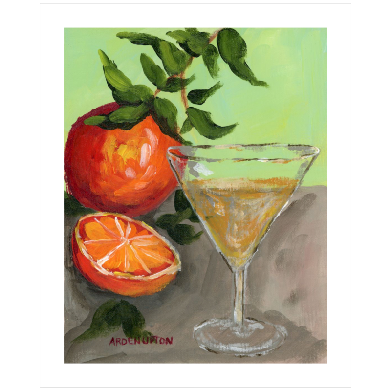 An unframed painting of a yellow Martini and an orange and a half on an orange tree stem sitting. on grey table painted in bold orange, red and green colors, with great texture and detail. great for for kitchens, pantries, dining rooms, and entertaining spaces