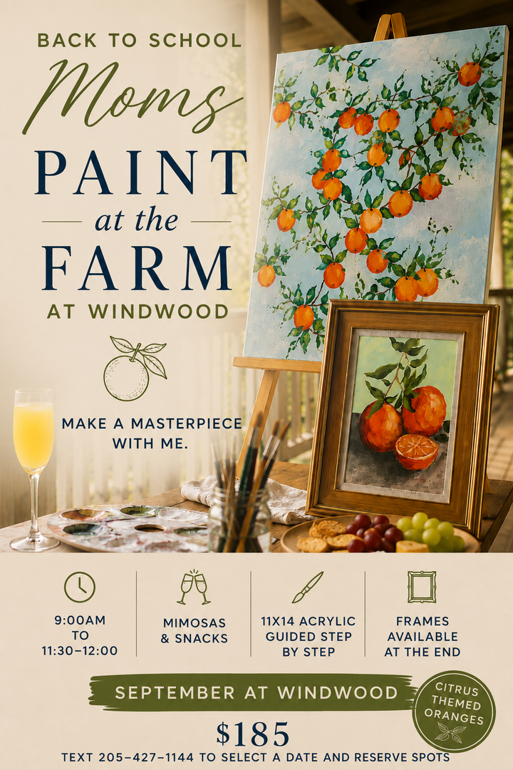 Promotional flyer for a back-to-school painting class at the Windwood School of Art. The flyer features a warm, rustic background with a large orange painting on an easel, a framed orange painting, a glass of orange juice, and paintbrushes on a palette.