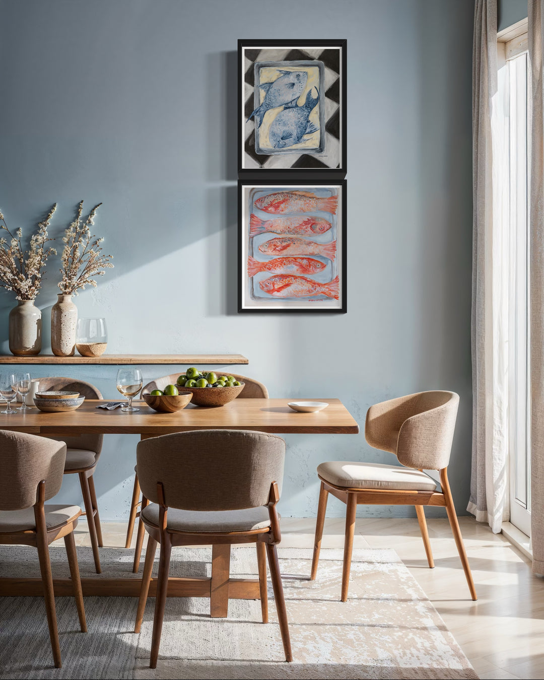 Blue Fish artwork or two blue fish on a pan on a black and white checkered surface and Red fish artwork of 5 redfish on a pan hung in dining room gallery wall – coastal foodie fine art print by Southern artist Arden Upton included in her "Frank's Table" collection
