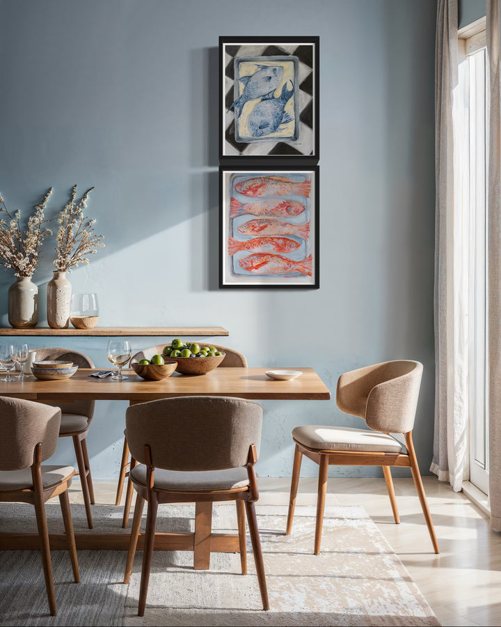 Blue Fish artwork or two blue fish on a pan on a black and white checkered surface and Red fish artwork of 5 redfish on a pan hung in dining room gallery wall – coastal foodie fine art print by Southern artist Arden Upton included in her "Frank's Table" collection