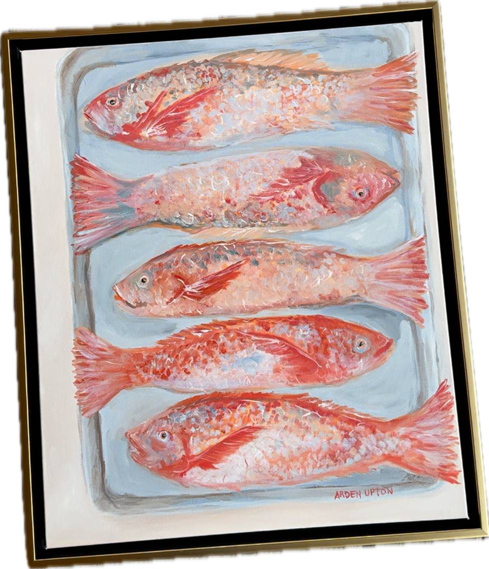 An up close of the framed original oil painting of 5 beautiful red fish with dimension sof color on their scales lying on a silver baking pan. The best food art for your kitchen , dining room or breakfast nook. Great for a gallery wall paired with other pieces from the Frank's Table Collection.