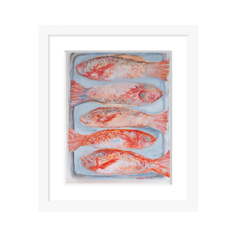 A beautiful painting of 5 red fish on a silver pan. Vibrant reds, oranges and pinks. Framed in a white frame
Red_Fish_painting_Arden_Upton_Franks_Table_Original_Art