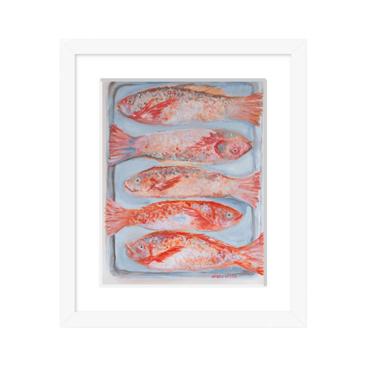 A beautiful painting of 5 red fish on a silver pan. Vibrant reds, oranges and pinks. Framed in a white frame
Red_Fish_painting_Arden_Upton_Franks_Table_Original_Art