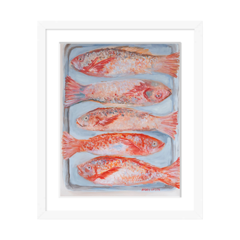 A beautiful painting of 5 red fish on a silver pan. Vibrant reds, oranges and pinks. Framed in a white frame