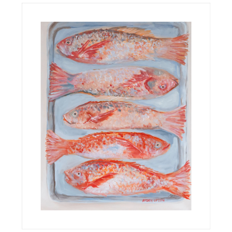 A beautiful painting of 5 red fish on a silver pan. Vibrant reds, oranges and pinks. Unframed
