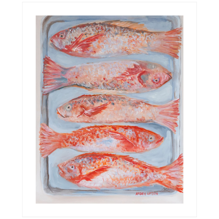A beautiful painting of 5 red fish on a silver pan. Vibrant reds, oranges and pinks. Unframed