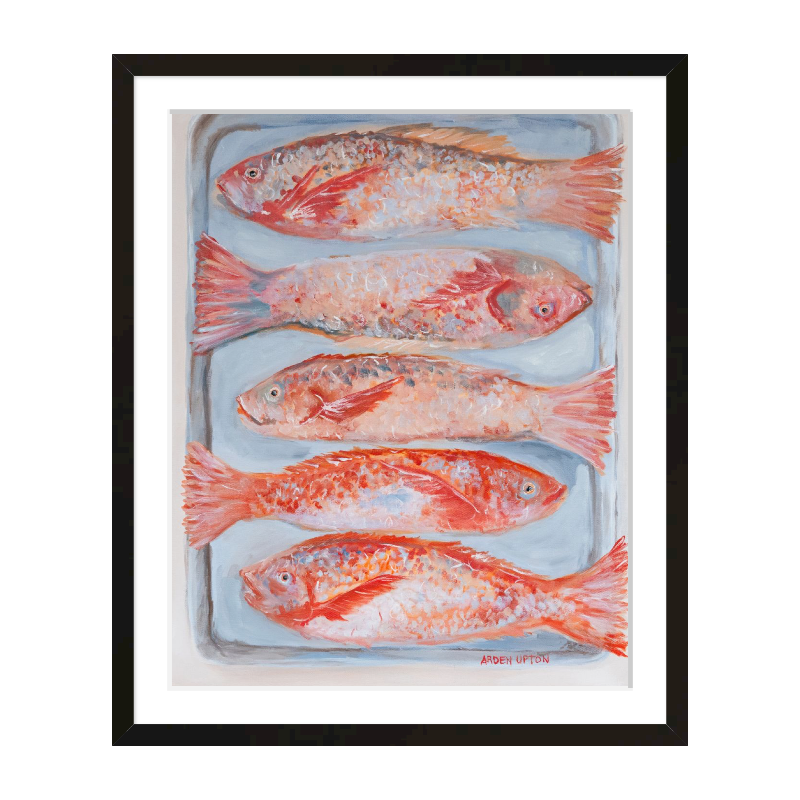 A beautiful painting of 5 red fish on a silver pan. Vibrant reds, oranges and pinks. Framed in a black frame