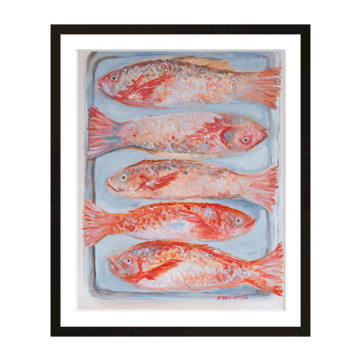 A beautiful painting of 5 red fish on a silver pan. Vibrant reds, oranges and pinks. Framed in a black frame