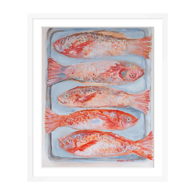 A beautiful painting of 5 red fish on a silver pan. Vibrant reds, oranges and pinks. Framed in a white frame
