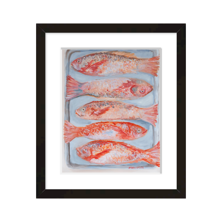 A beautiful painting of 5 red fish on a silver pan. Vibrant reds, oranges and pinks. Framed in a black frame
