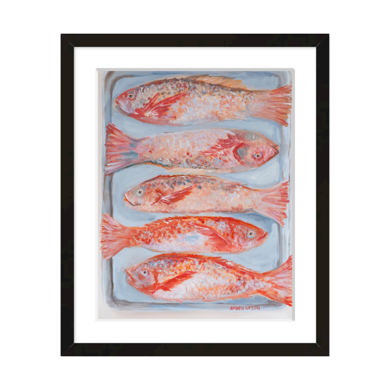 A beautiful painting of 5 red fish on a silver pan. Vibrant reds, oranges and pinks. Framed in a black frame
