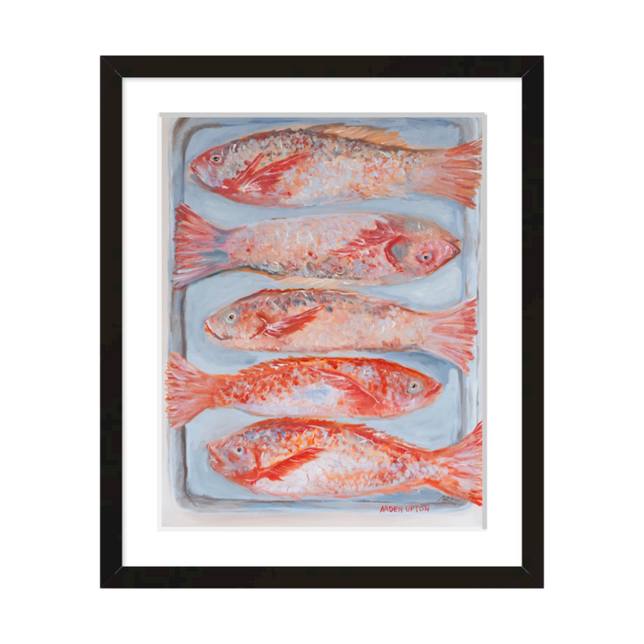 A beautiful painting of 5 red fish on a silver pan. Vibrant reds, oranges and pinks. Framed in a black frame