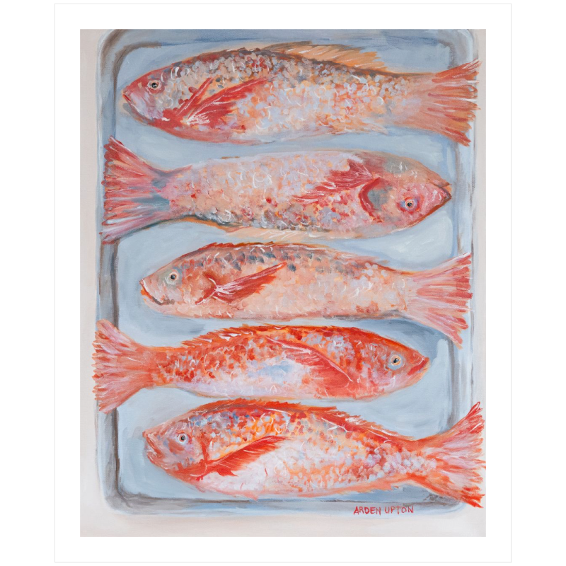 A beautiful painting of 5 red fish on a silver pan. Vibrant reds, oranges and pinks. Framed in a white frame
Red_Fish_painting_Arden_Upton_Franks_Table_Original_Art