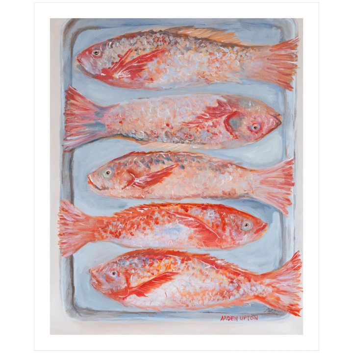 A beautiful painting of 5 red fish on a silver pan. Vibrant reds, oranges and pinks. Framed in a white frame
Red_Fish_painting_Arden_Upton_Franks_Table_Original_Art