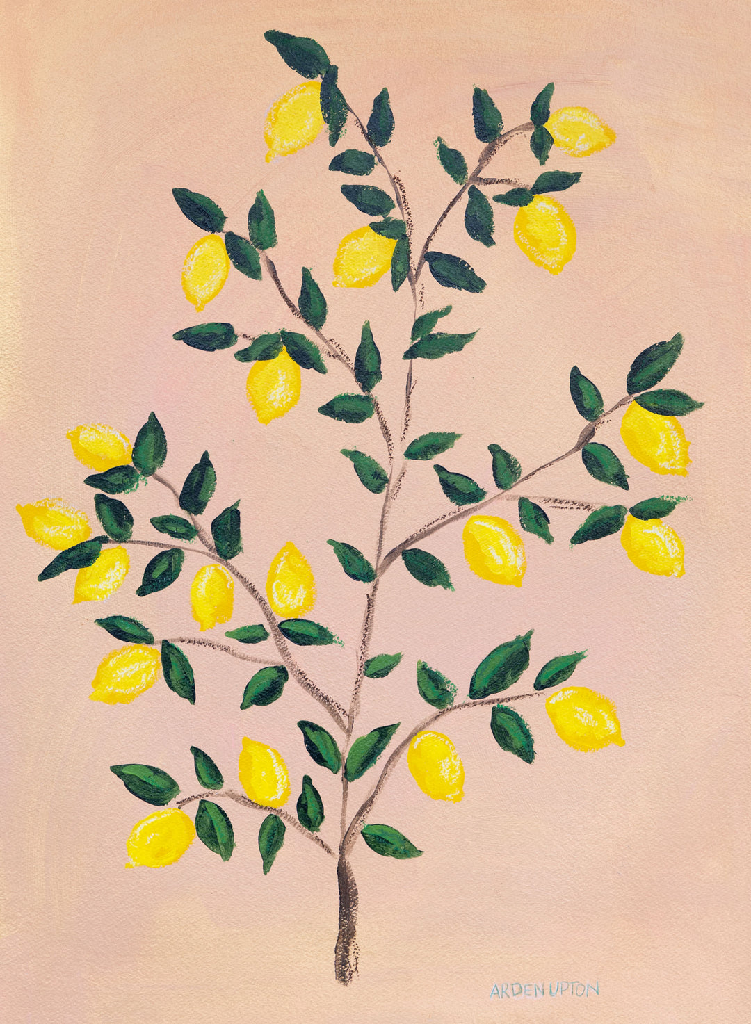 A museum-quality fine art giclée print of a lemon tree, featuring vibrant yellow lemons on a lemon tree with green leaves against a pink and yellow background, part of Arden Upton's Lemonade Series