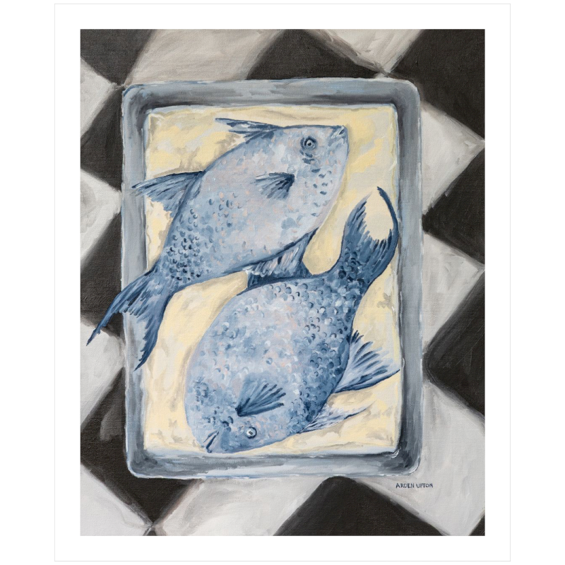 Coastal-inspired unframed Blue Fish painting  – two blue fish on a tray sitting on a black and white checkered surface. A fine art print from the Frank’s Table collection, perfect for dining room or kitchen décor