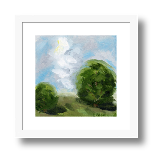A framed, ready to hang giclee print of green trees and rolling hills with blue sky and white clouds. From an original painting from Arden Upton's Blue Skies Collection. Great for decorating your living room, bedroom and hallway walls in your home