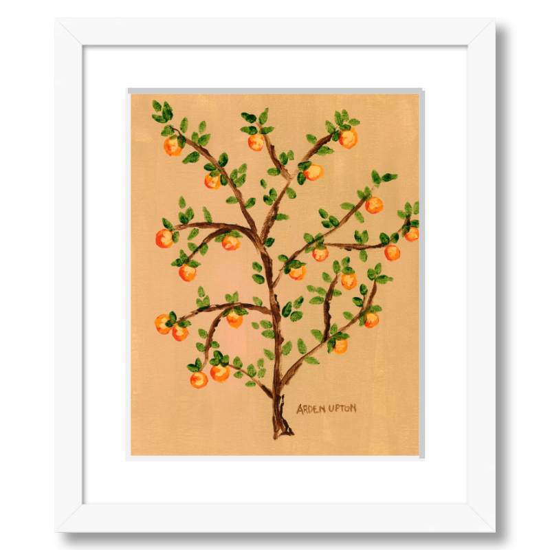 A ready to hang giclee print of an original painting of an orange tree with green leaves and orange fruits on a beige  and gold background from Arden Upton's Orangerie Collection.