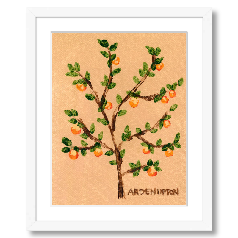 A ready to hang giclee print of an original painting of an orange tree with green leaves and orange fruits on a beige  and gold background from Arden Upton's Orangerie Collection. Great for kitchens and home decor